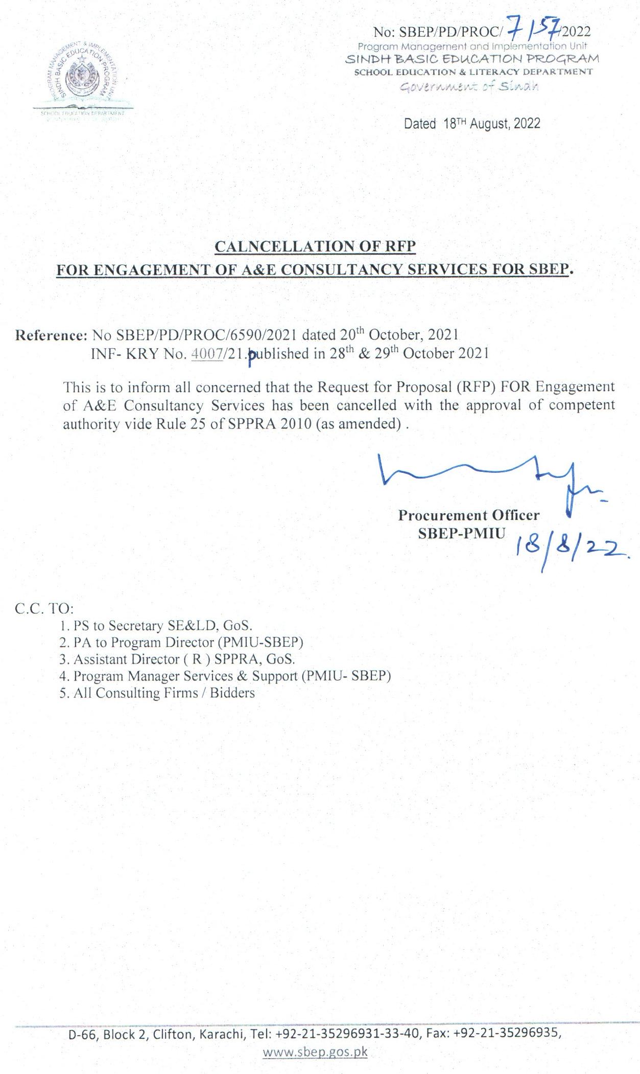  Cancellation of RFP for Engagement of AE Services